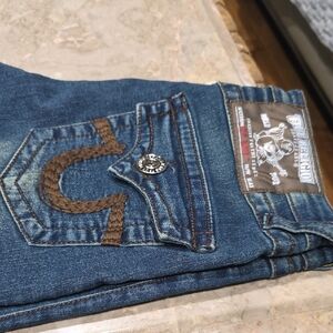 True Religion Men's Denim Jeans with Brown Stitching